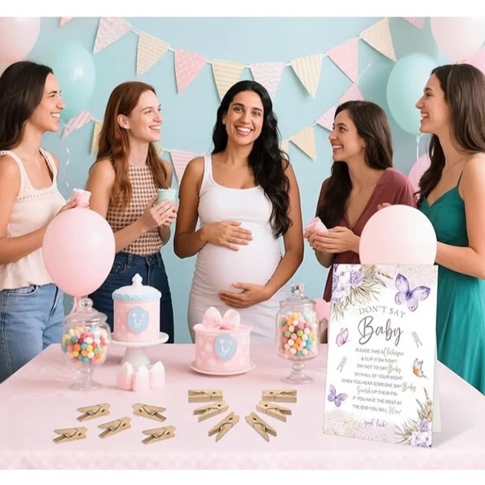 Don't Say Baby Signs for Baby Shower Games, 1 Sign(5x7),50 Mini Clothespins,PINK
